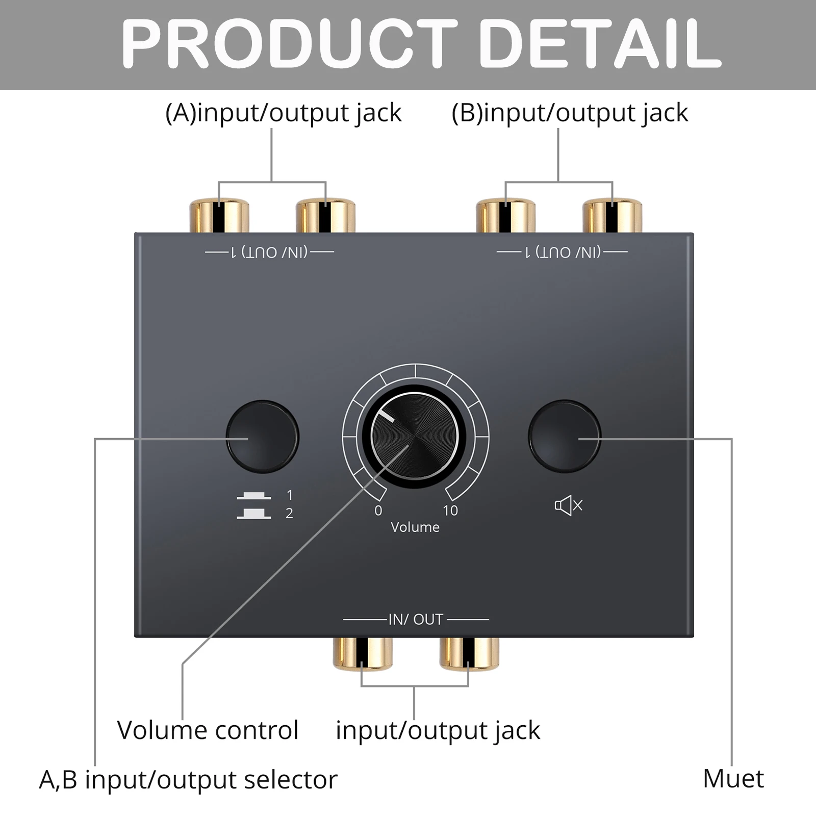 2x1/1x2 rca Stereo Audio bidirektion aler Umschalter mit Stumm schalt taste tragbarer L / R Stereo Audio Switch Audio Splitter