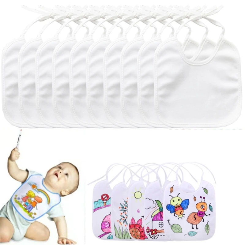 10Pcs White Children\'s Painting Bibs,Cotton Baby Drooling Bibs Waterproof Creative Color Painting DIY Bib Saliva Towel