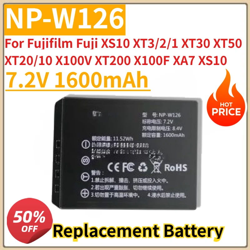 New 7.2V 1600mAh NP-W126 Camera Battery for Fujifilm Fuji XS10 XT3/2/1 XT30 XT50 XT20/10 X100V XT200 X100F XA7 XS10