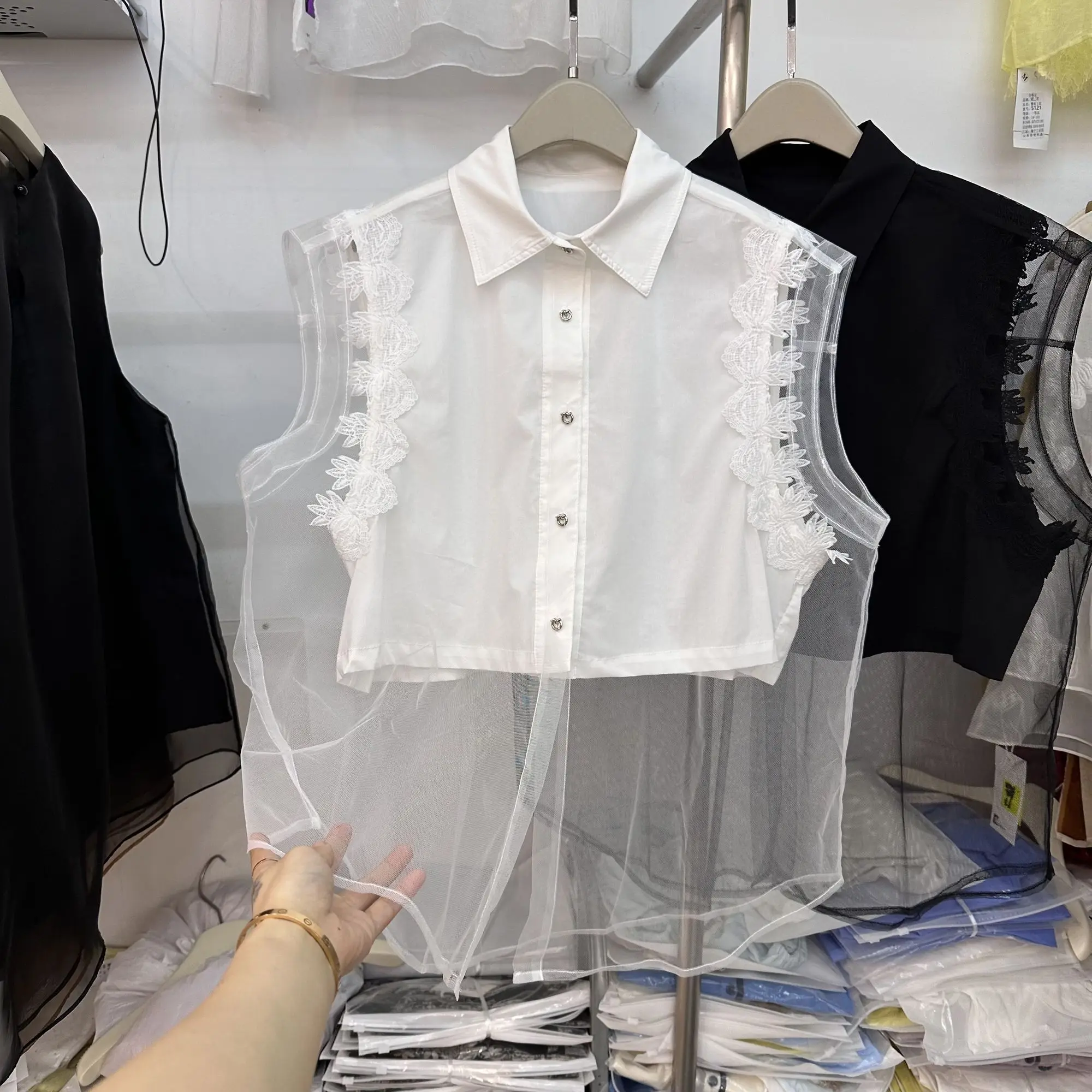Mujer New Summer Shirts & Blouses Chemise High End Temperament Chiffon Patchwork Sleeveless Shirt Camisas Femme Blusa