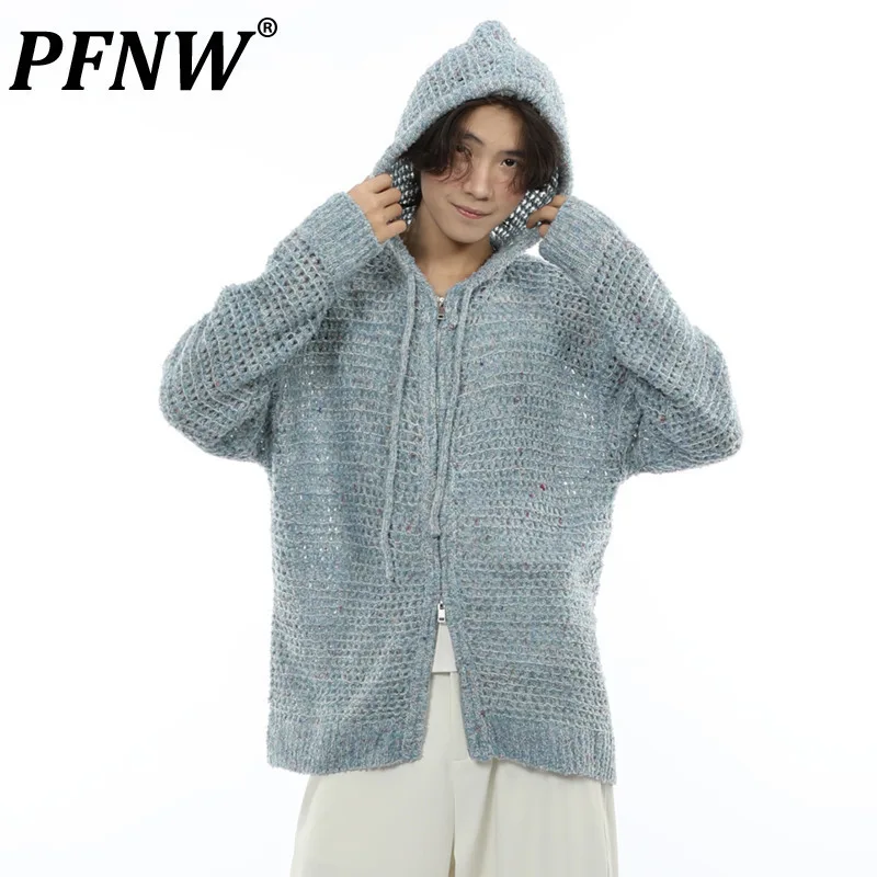 

PFNW Korean Art Tie Dyed Hollow Out Hooded Cardigan Sweater Male 2024 Autumn New Lazy Style Loose Trendy Knitted Tops 28W4239