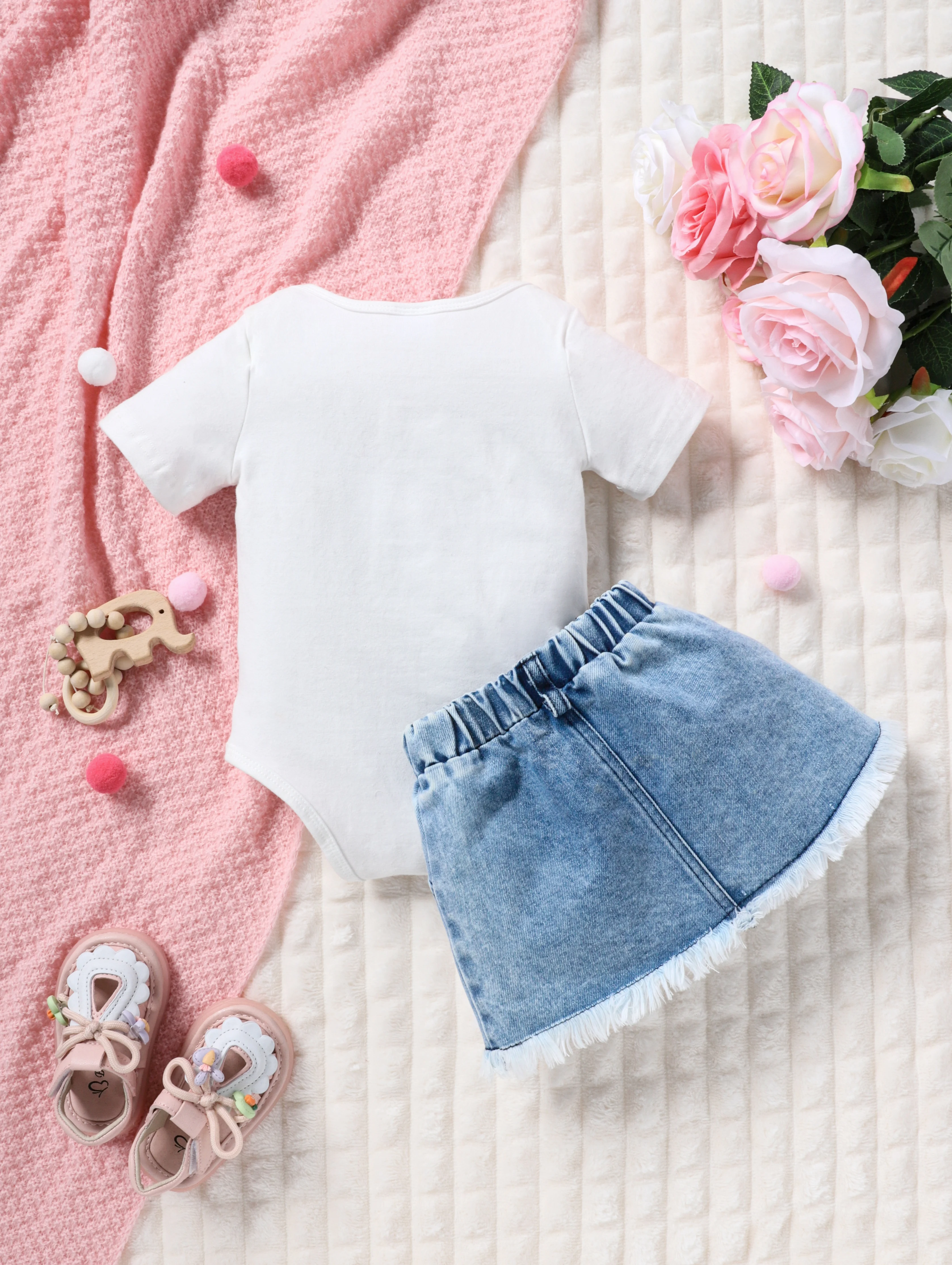 Leopard Heart Gold Bow Romper Denim Skirt Set Delicate Cool Outfit for Girls