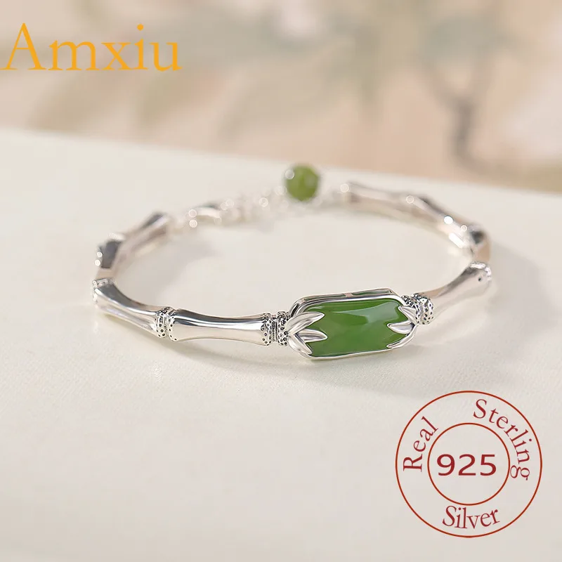

Браслет Amxiu из стерлингового серебра 925, натуральный нефрит Хэтянь, яшма, глянцевый новый китайский стиль, узел, бамбуковый лист, серебряные украшения