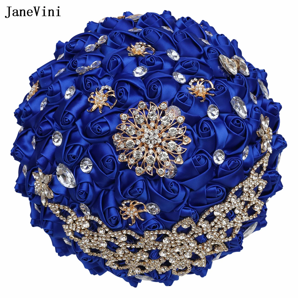 

JaneVini Luxury Gold Rhinestones Royal Blue Bridal Bouquets Ribbon Roses European Style Bride Bouquet Flower Wedding Accessories