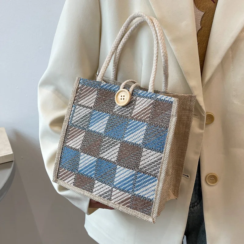 

Plaid Canvas Portable Burlap Bag Fashion Hand Carry Lunch Box Bento Bag Ins Student Small Satchel Female