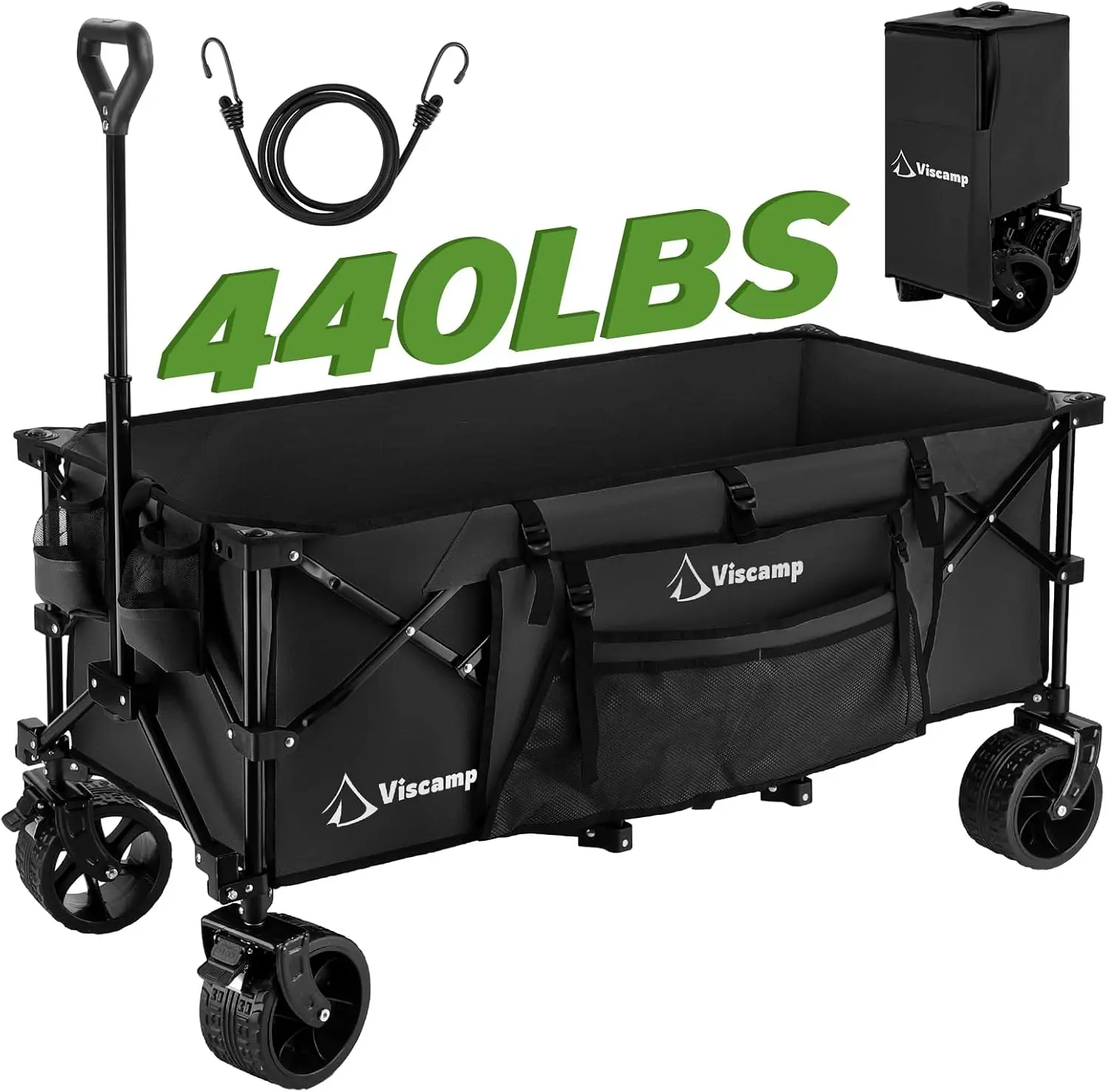 48''L  Carts Foldable, Beach Wagon 440Lbs Collapsible Wagon Black Heavy Duty  Camping Wagon