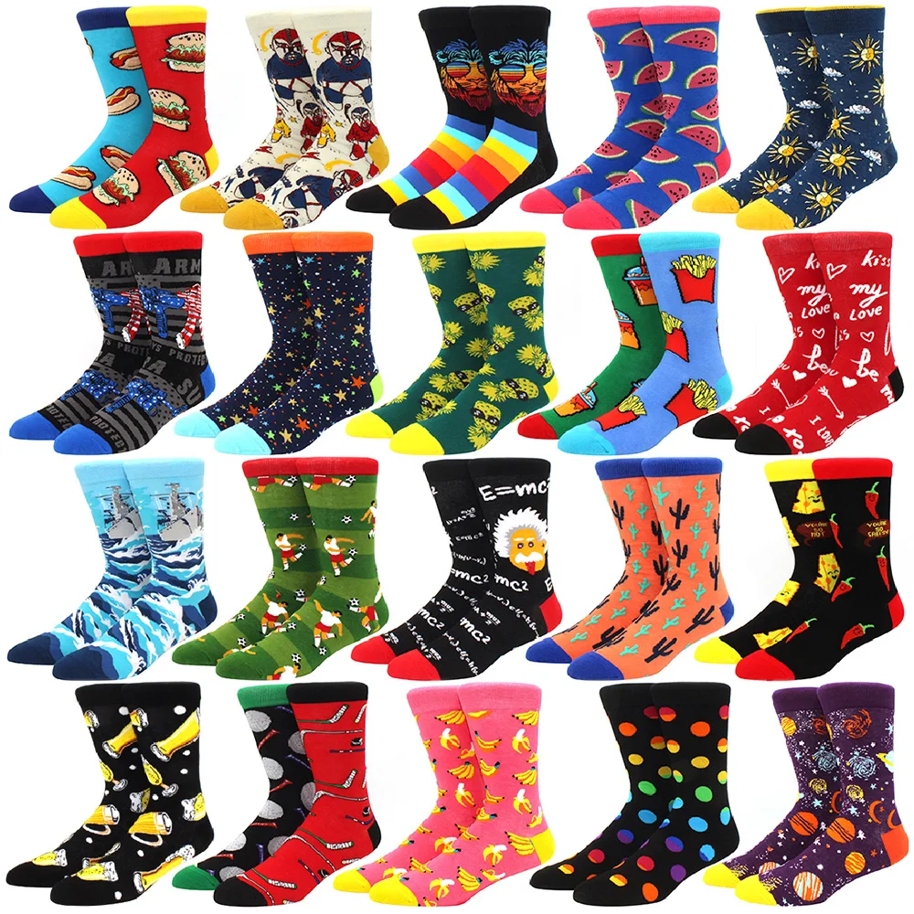 2022 New Funny Mens Socks Dot Hip Hop Harajuku Happy Crazy Cartoon Cotton Socks Football Animal Beer Food Happy Casual Socks