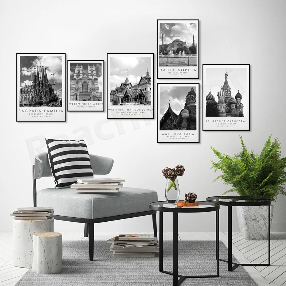 Moscow, Barcelona, UK, France, Turkey Istanbul, Bangkok, Chiang Mai Thailand black and white travel poster coordinate printing