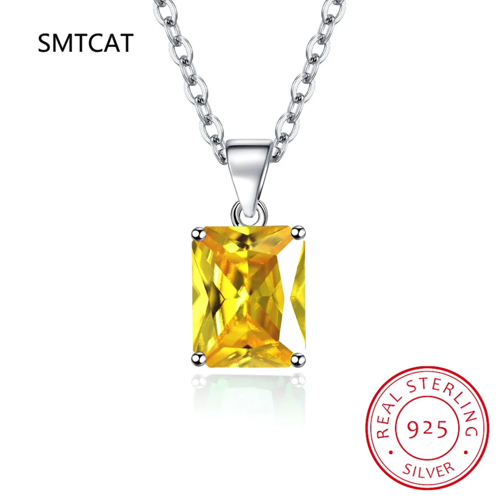 Emerald Cut Green Simulated Nano Emerald 925 Sterling Silver Geometric Pendant Necklace for Woman Rectangle Gemstone Jewelry