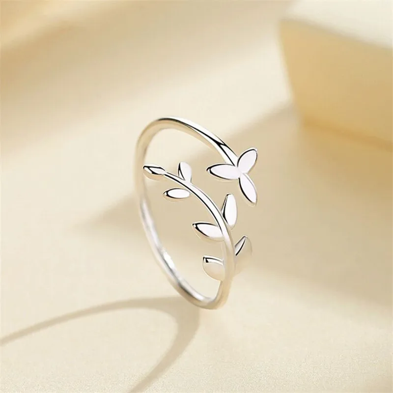 New Simple Literature Art Olive Leaf 925 Sterling Silver Jewelry Fashion Branch Personality Opening Rings  R217