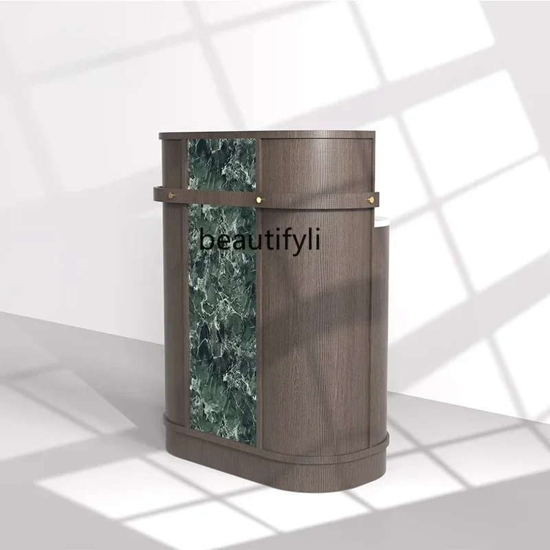 

YH03 Information desk Service desk Modern Italian wood grain light luxury welcome desk, green rock slab stainless steel bar coun