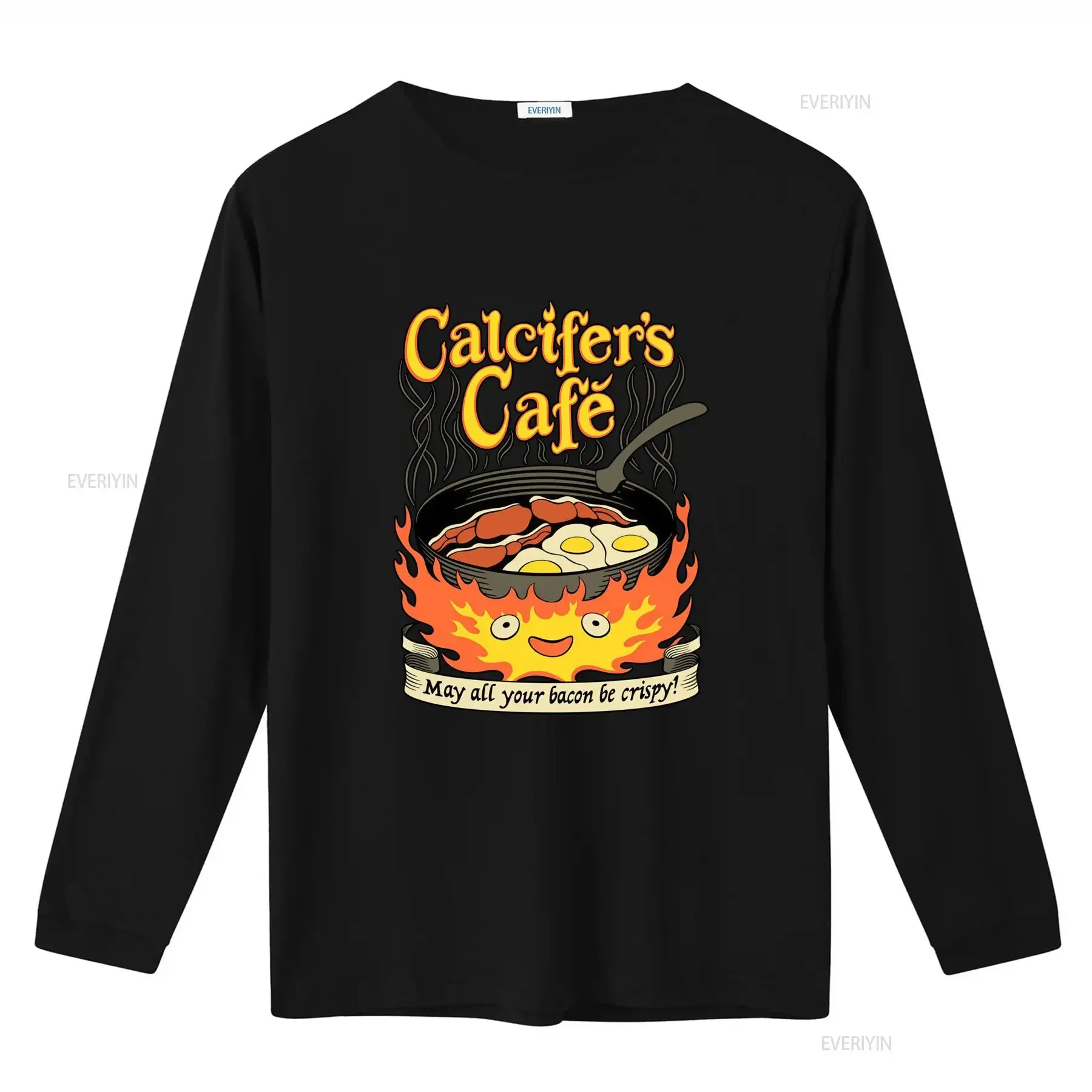 Calcifers Cafe T Shirt May All Your Bacon Eggs Be Crispy Fun Cooking Design vintage Washed Casual Breathable graphic
