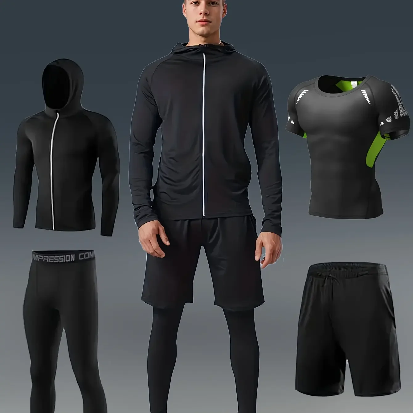 

Men's training set, 4-piece compression suit, quick-drying sports equipment, running and fitness, lightweight and comfortable