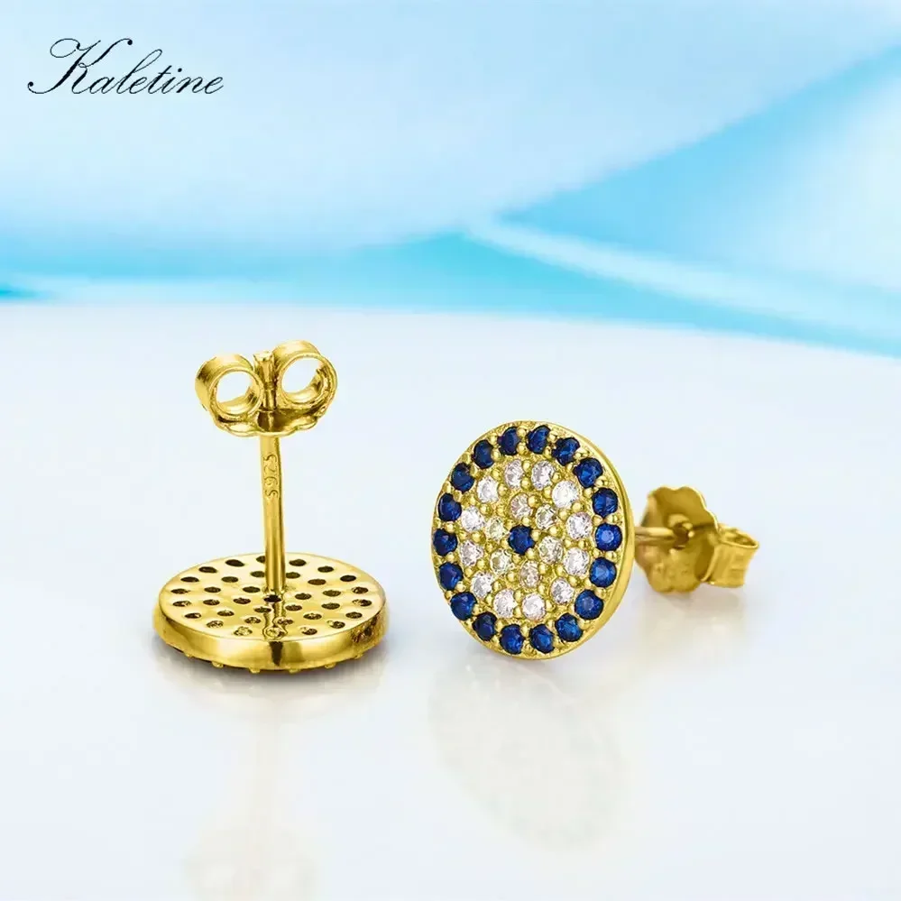 KALETINE Genuine 925 Sterling Silver CZ Crystal Lucky Turkey Evil Eye Earrings For Women Yellow Rose Gold Jewelry KLTE009