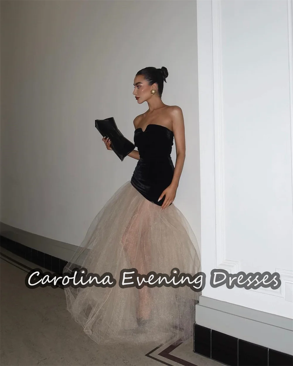 Carolina Velour A-line Strapless Sleeveless Tulle Prom Gown Floor Length Elegant Evening Elegant Party Dress for Women 2024