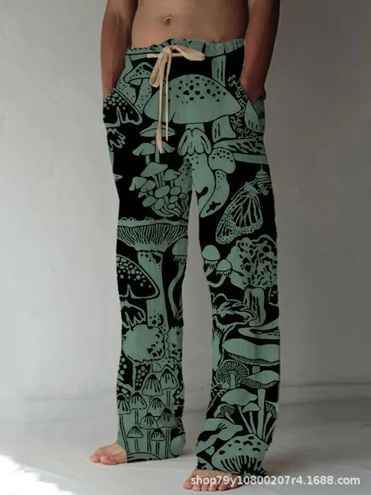 

Linen men's casual straight fitting mop pants with plant digital printing double pocket drawstring long pants wholesale