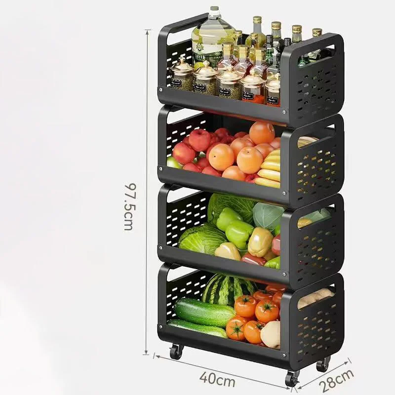 Breathable Eco-Friendly Hollow Metal Kitchen Multifunctional Storage Rack With Wheels Movable Multi Layer Shelf B/W Houseuse