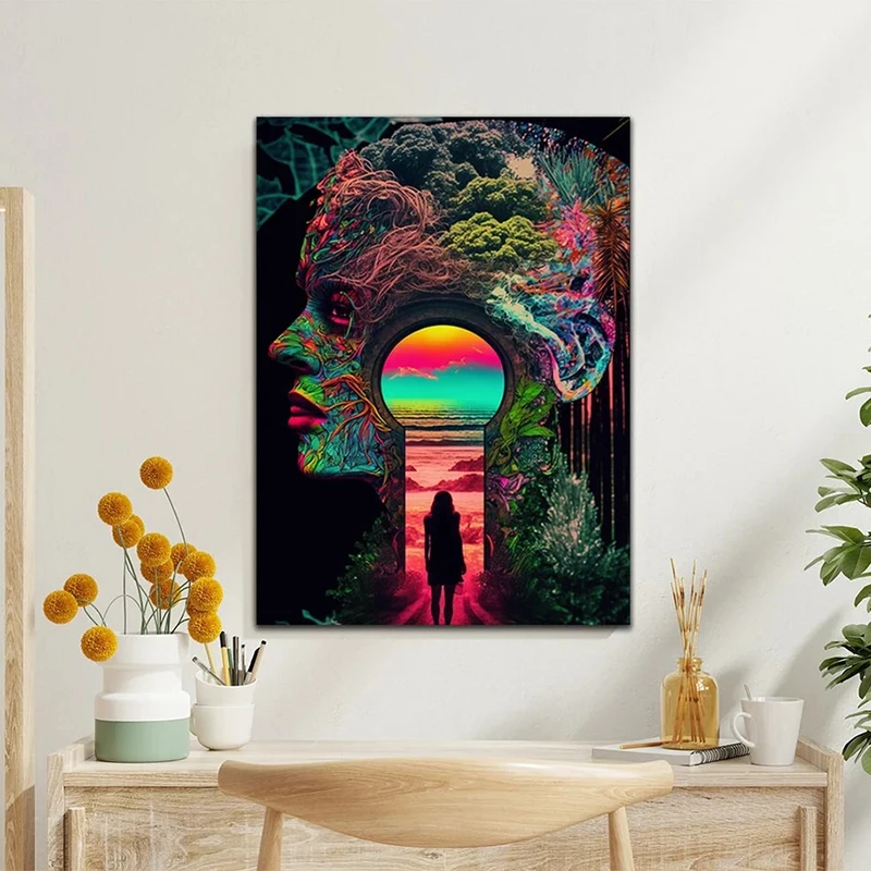 

Walking Woman Surreal Canvas Painting Pink Green Art Posters and Prints Wall Art Pictures For Living Room Home Decor Gifts