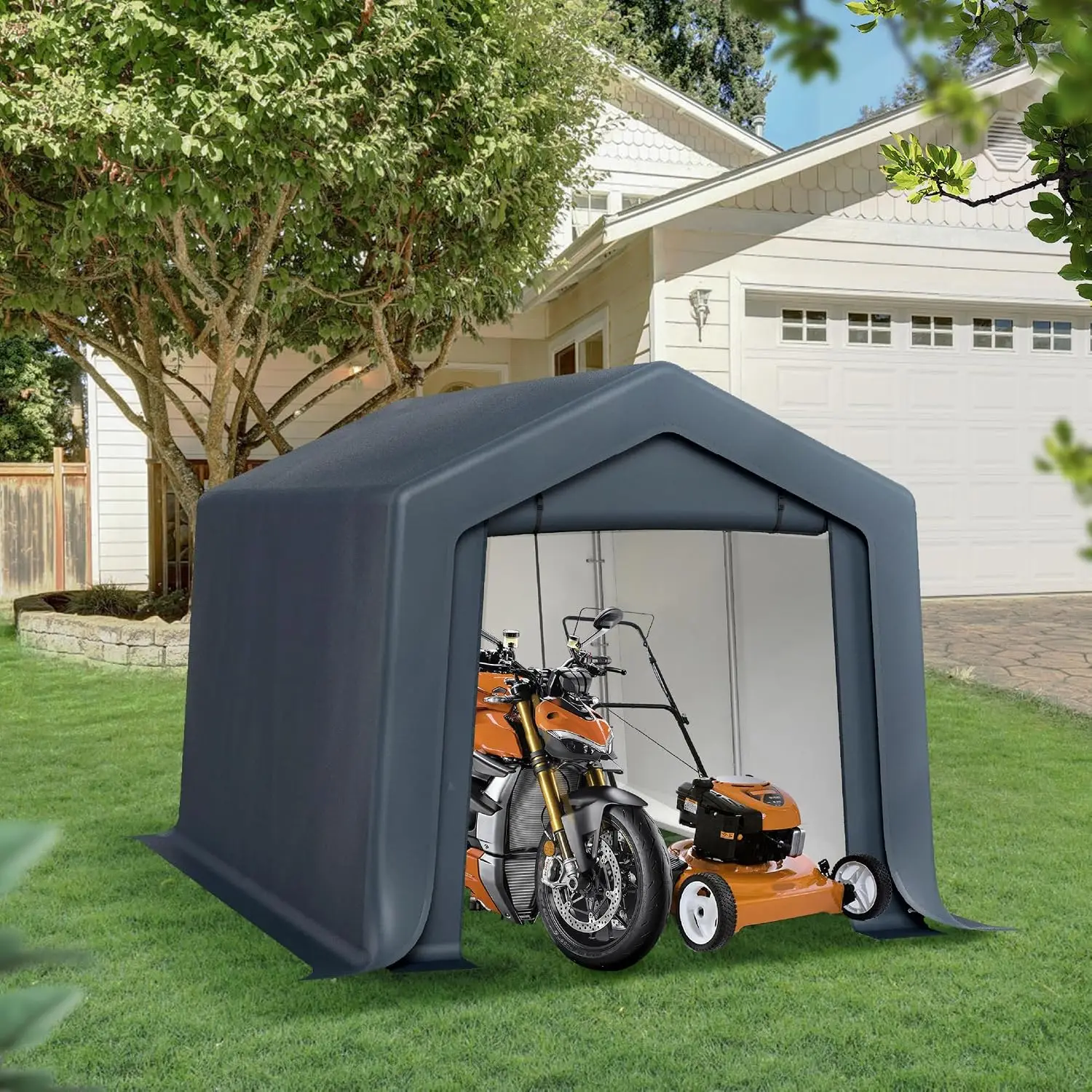 Outdoor Storage Shed,Carport 8x12 ft Heavy Duty, Portable Garden Yard Car Port Shelter Storage Tent Garage with Roll Up Doors an
