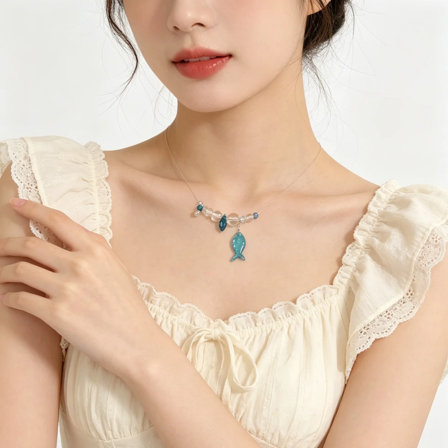 Premium Blue Fish Tail Beaded Collarbone Necklace Clear Thread Handmade Spring Summer Resort Style Layered Statement Piece