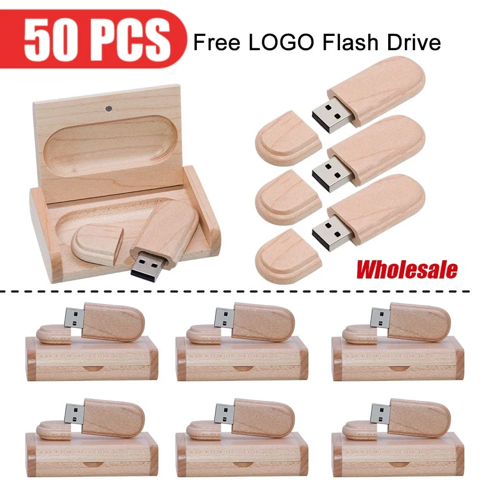 

50pcs/Lot (Customizable LOGO) USB Flash Drive 2.0 Wooden Pendrive 4GB 8GB 16GB 32GB 64GB 128GB Memory Stick Wedding Gift + box