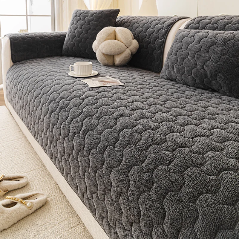 Flannel Sofa Cushion Thickened Plush Warm Non-slip Seat Cushion 2026 New Leather Sofa Cover Four-season Universal Solid Color