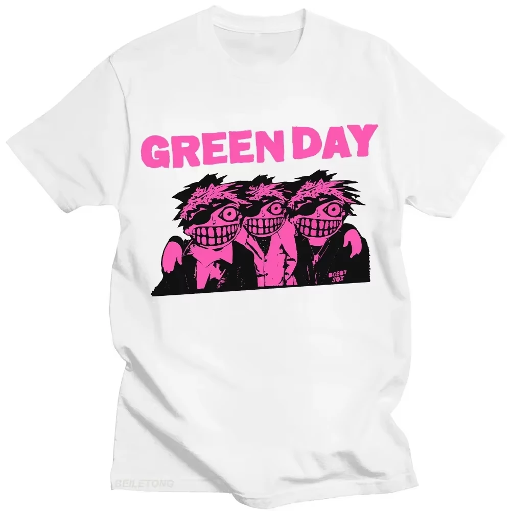 Latest Style Green Day Finale Tour Cartoon T-Shirt Bright Pink Grinning Face Punk Print Vintage Casual Loose Unisex Street Short