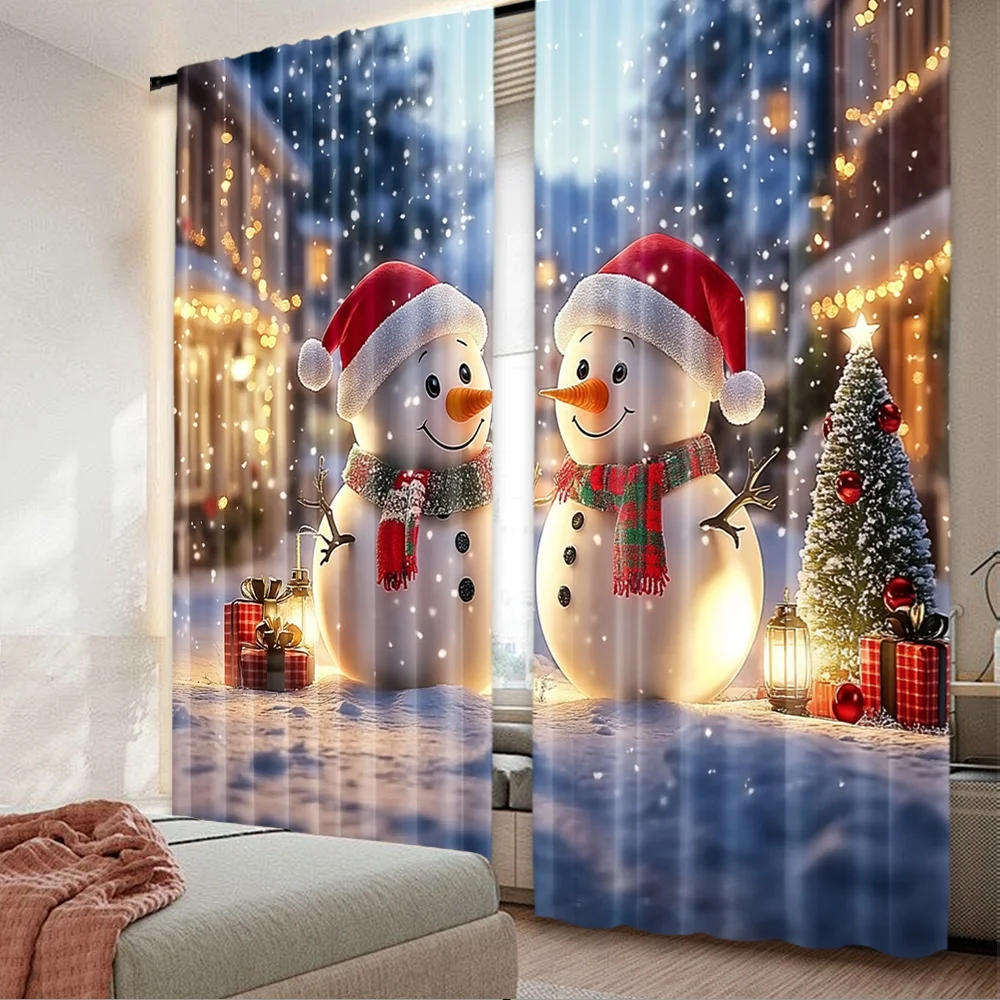 2D-Flachdruck, 2 Stück, Weihnachtsvorhänge, Tag, Schneemann und Weihnachtsbaum, 8 digital bedruckte Polyester-Vorhänge, Geburtstagsfeier, Verwendung für