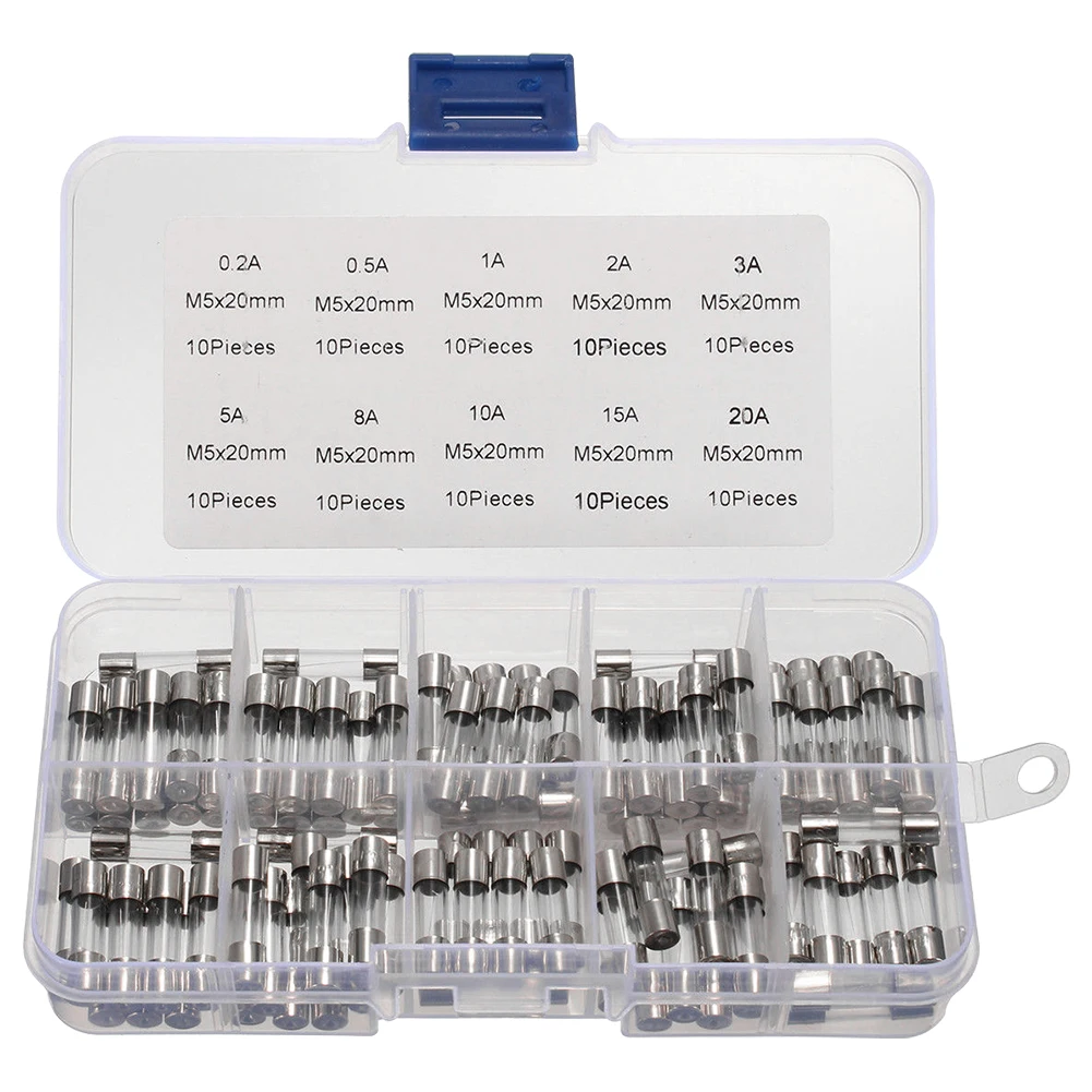 100Pcs Glass Tube Fuse Assorted Kit 5 * 20MM Fast-blow Glass Tube Fuse 250V Fast Acting Glass Fuse Packag in A Clear Plastic Box