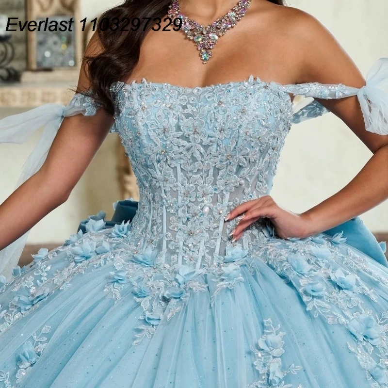 EVLAST-Robe de RhQuinceanera bleue, appliques en dentelle brillante, cristal perlé avec nœud, corset doux, 16 robes éducatives, 15 ans, TQD752