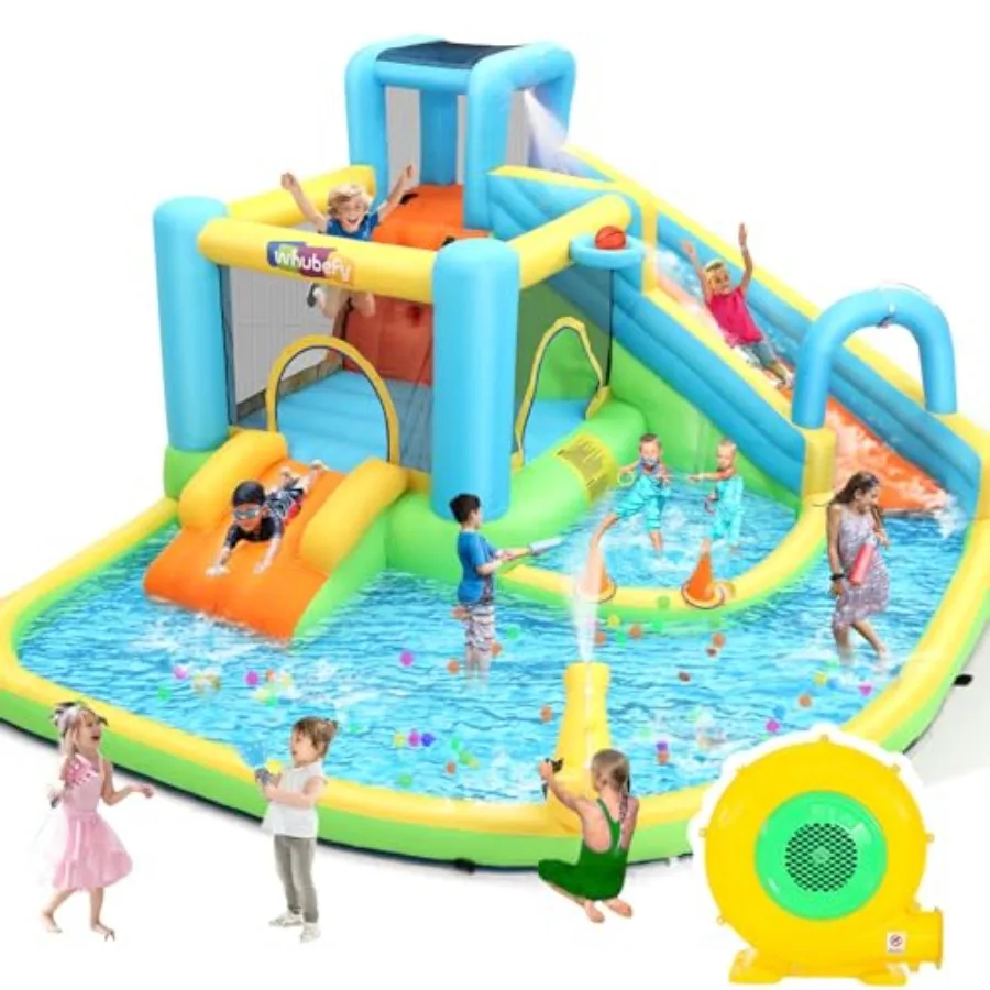 

Надувная водная горка 12,8x12 футов с зоной для прыжков и ловли мяча, 10 аксессуаров, воздуходувка 550 Вт, уличный надувной аквапарк