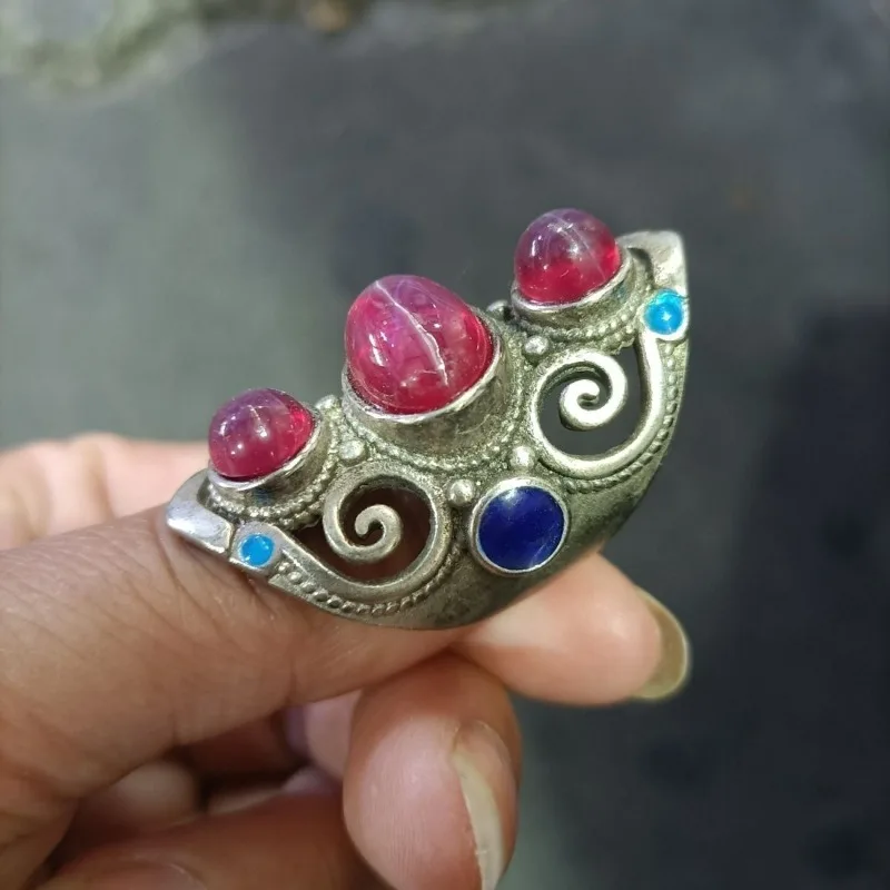 Vintage Collectible Old Silver Ring, Cloisonne Craft Inlaid Star Gemstone Adjustable Open‑Band Antique‑Style Finger Jewelry