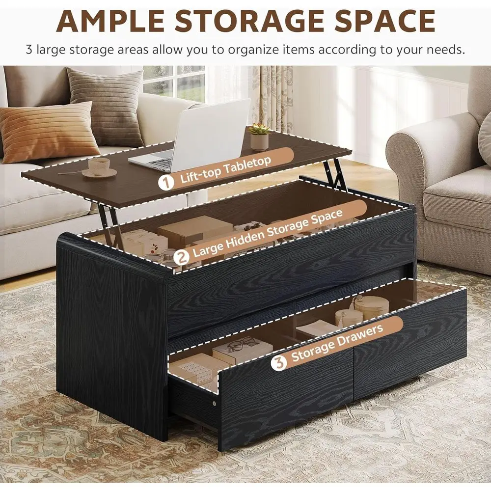40-Zoll-Couchtisch mit Hubplatte und Schubladen, gebogenes Design für Wohnzimmer oder Heimbüro, Schwarz