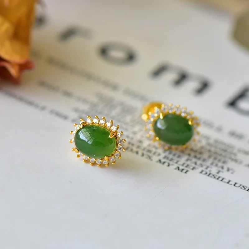 

S925 Inlaid Natural Hetian Green Jade Oval Surface Stud With Zircon Women Silver Earrings