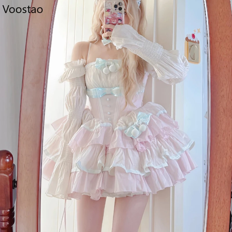 Sweet Lolita OP Dress Japanese Women Harajuku Kawaii Lace Bow Ruffles Evening Party Dresses Female Off Shoulder Princess Dress