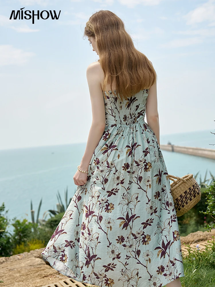 MISHOW Sweet Vacation Strapless Dress for Women Summer 2024 Retro Slim Back Elastic Waist Dresses A-line Floral Dress MXD28L1970