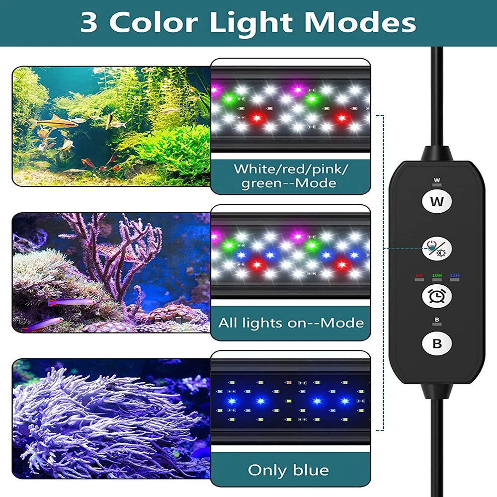 60/75cm Auto On Off LED Aquarium Light for Water Plants Full Spectrum Fish Tank Light with Timer White Blue Red Green Pink LEDs