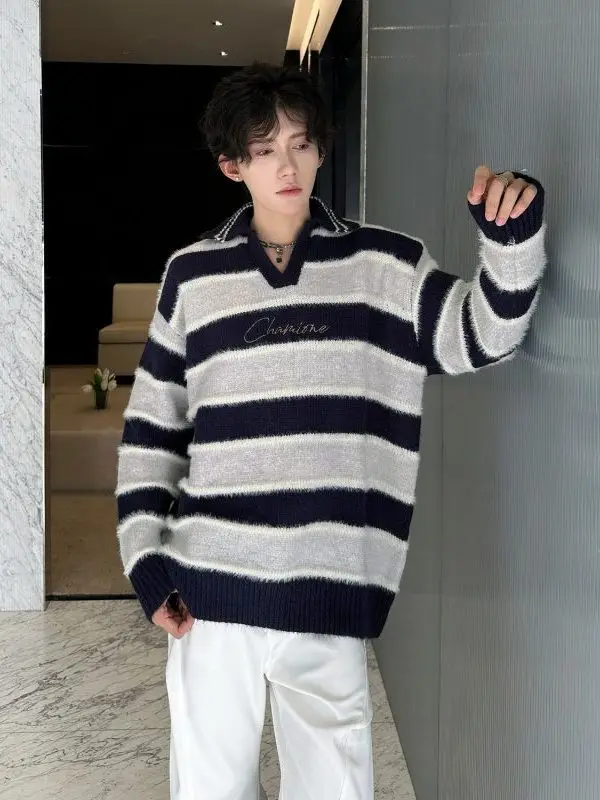 

Вязаный свитер TANGZ Studio в американском ретро-стиле с вышивкой, в полоску, с цветными блоками, утолщенный, мужской, свободный, повседневный, верхняя одежда