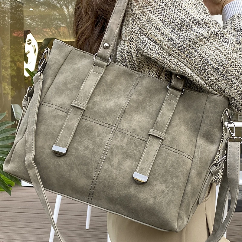 Women Nubuck Leather Handbag Retro Suede Ladies Quilted Large Tote Shoulder Bag Female Gray New Vintage Commuter Crossbody Bags