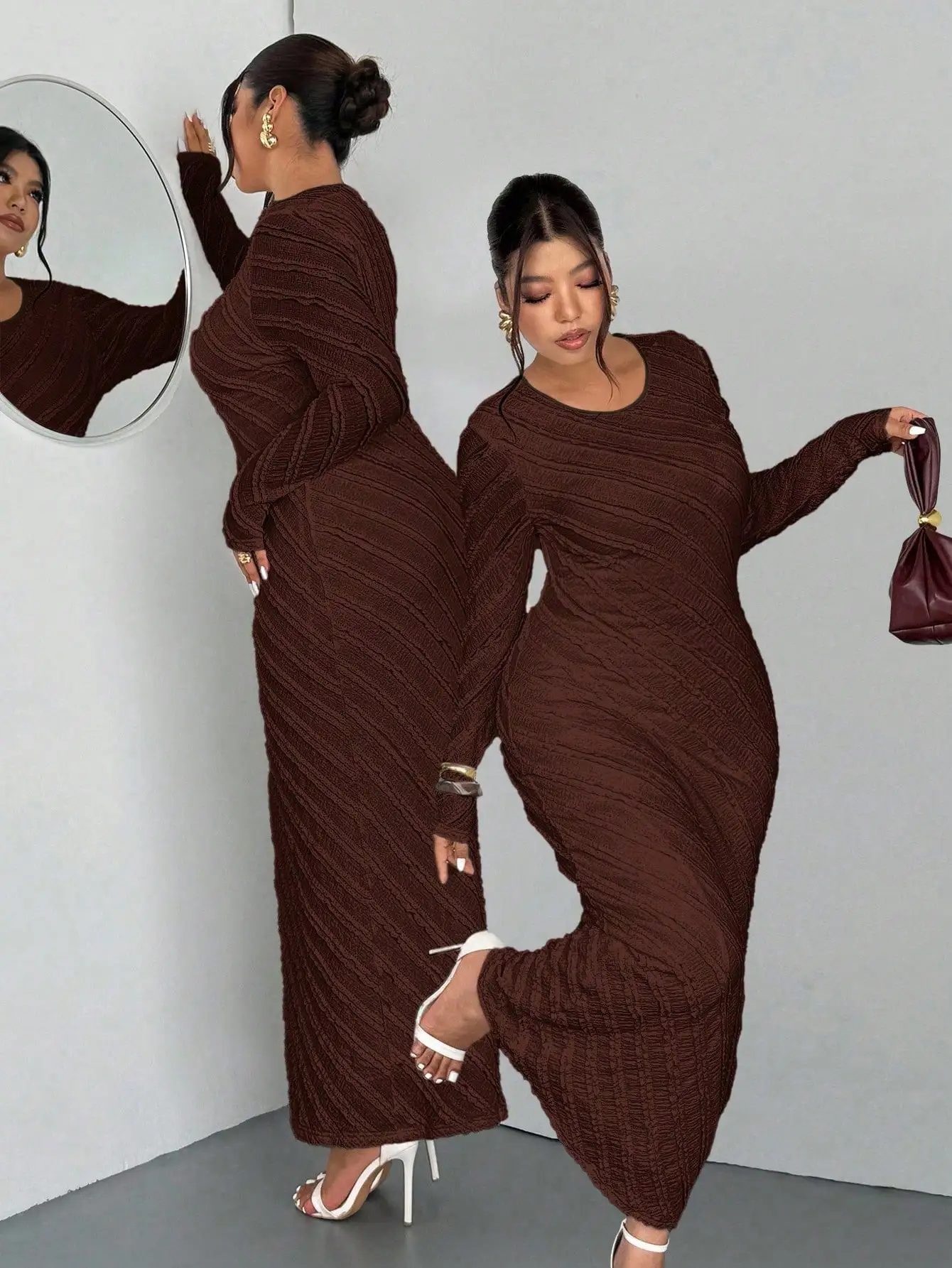 

Элегантное белое женское платье больших размеров с кружевным жаккардовым узором, длинными рукавами, приталенным силуэтом и юбкой-«рыбий хвост», для офиса/отпуска