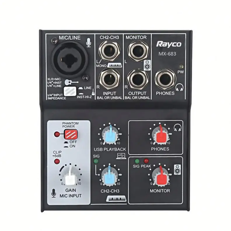 Popular Design 3-Channel M Audio Mixer with USB Interface +48V Phantom Power Mic/Guitar/Line Inputs for Small Concerts
