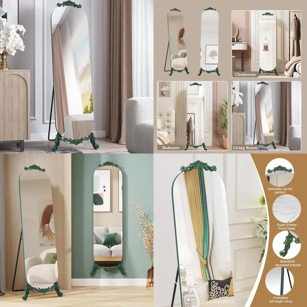 

Elegant Vintage Gothic Full Length Arched Mirror with Stand, 61.5 H x 20 W, Green Modern Decorative Wall Mirror