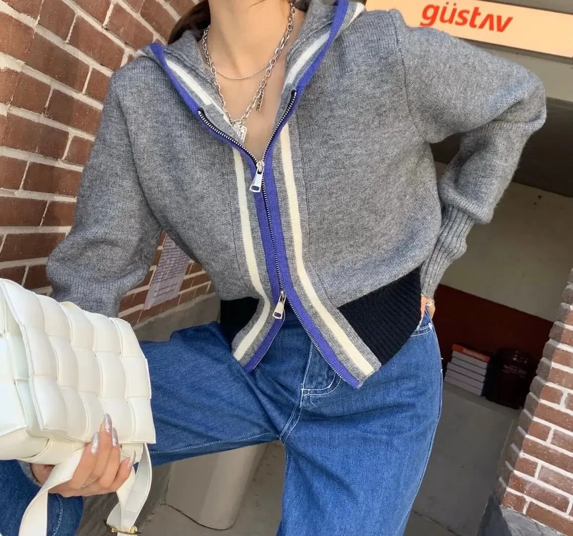 

2023, женский свитер Ropa Muje, повседневный свитер с капюшоном и длинными рукавами на молнии, модный вязаный кардиган контрастного цвета, куртки