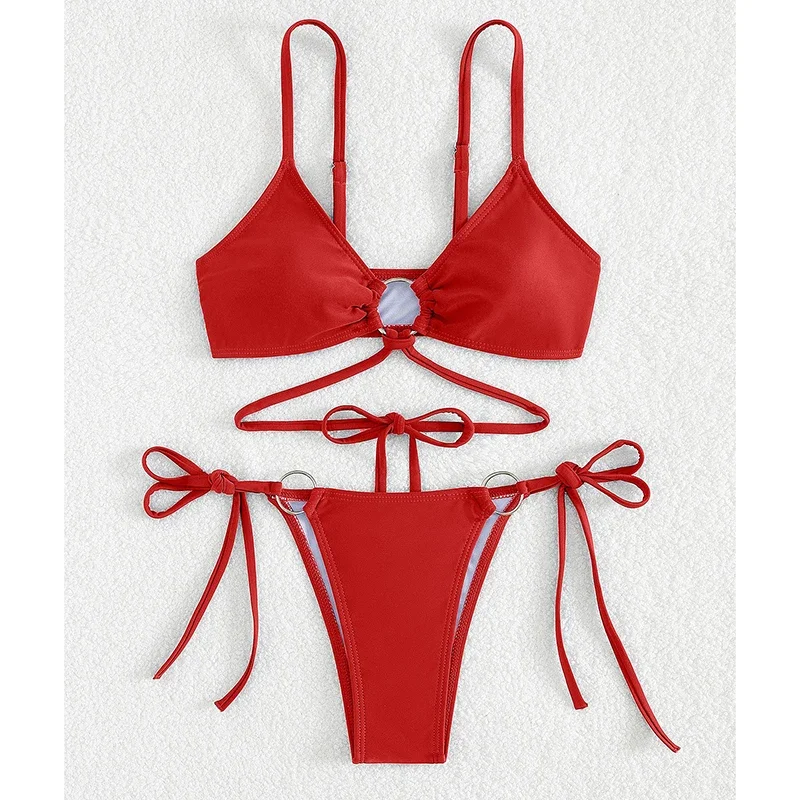 

Sexy Bikini Set Swimsuit Women Ring Metal Lace Up Backless Thong Bikini Push Up Summer 2025 New Vacation Beachwear Bathing Suit