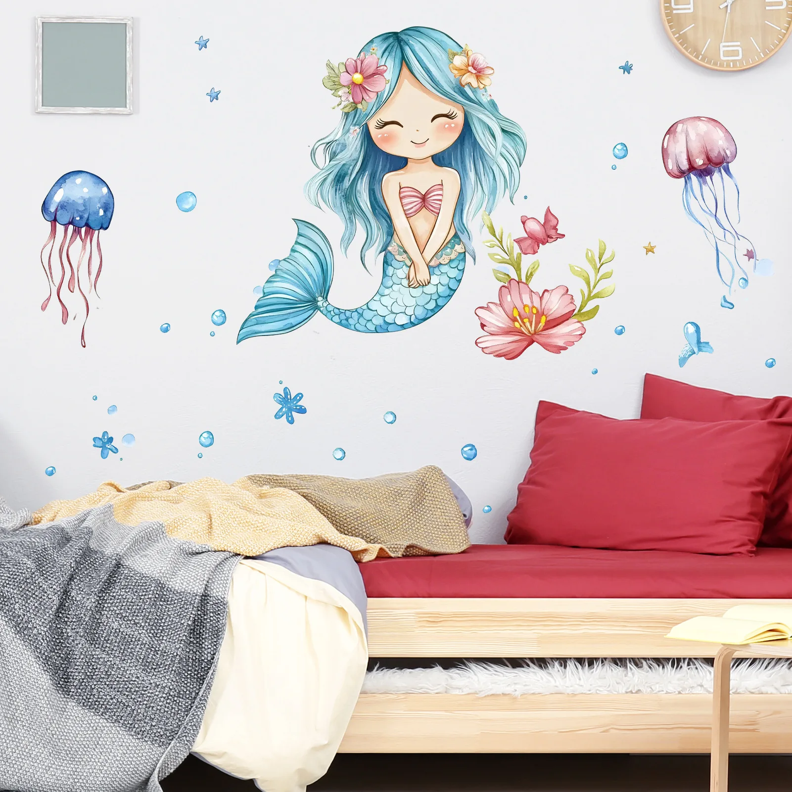 Cartoon Mermaid Princess Jellyfish Wall Stickers Dreamy Underwater Decals Waterproof Removable for Kids Room Living Room