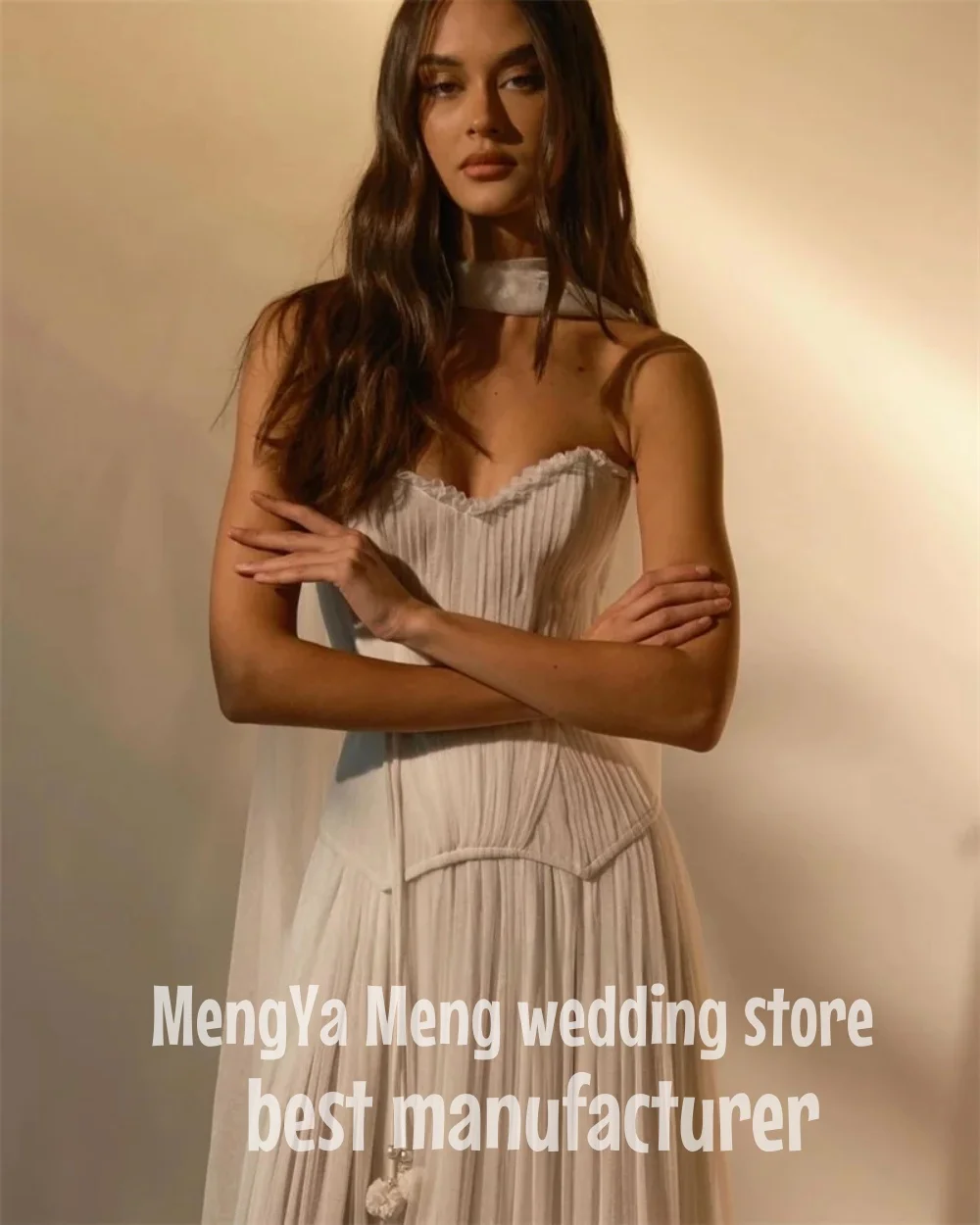 ZHUISHU lvory فستان زفاف شيفون بدون حمالات على شكل حرف A فساتين مناسبة رسمية سويب تراين فساتين العروس حسب الطلب