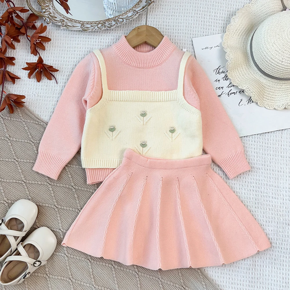 Children's Red Sweater Set Autumn/Winter Knitted Long Sleeve Fake Two Piece Top+Solid Color Short Skirt New Year Girls' Clothes