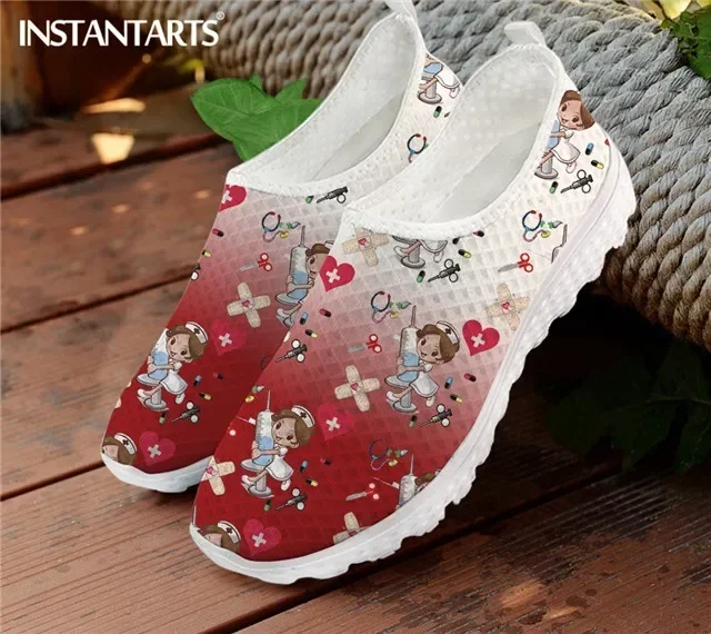 

Woman Slip On Sneakers Cute Cartoon Nurse/Doctor/Hospital Print Mesh Nursing Shoes for Women's Lightweight Loafers