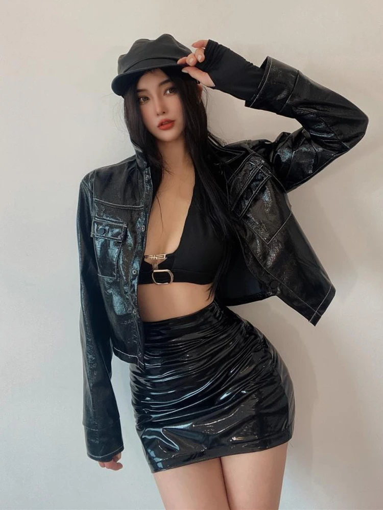 Spring Summer Sexy Black  Skirt PU Leather Tight Fit Women's Sweet Butt Covering Short Skirt Glossy Surface  Dress