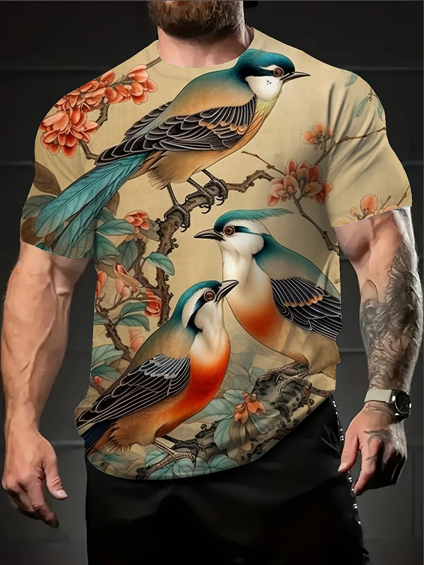 

2025 Men'S Summer Casual T-Shirt - Plus Size Round Neck Short Sleeve, 3D Bird Print All-Over Design, Machine Washable, Trendy